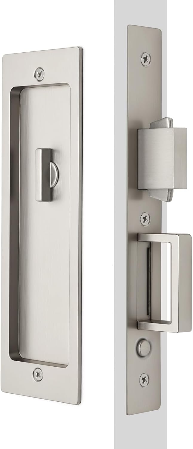 Rectangular Privacy Pocket Door Mortise Lock and Edge Pull, Narrow Modern Sliding Door Pop-Up Handle, (Bed/Bath) Pull Latch, Recessed Hardware for 1 3/8' to 2 3/16' Thickness Door (Brushed Nickel)