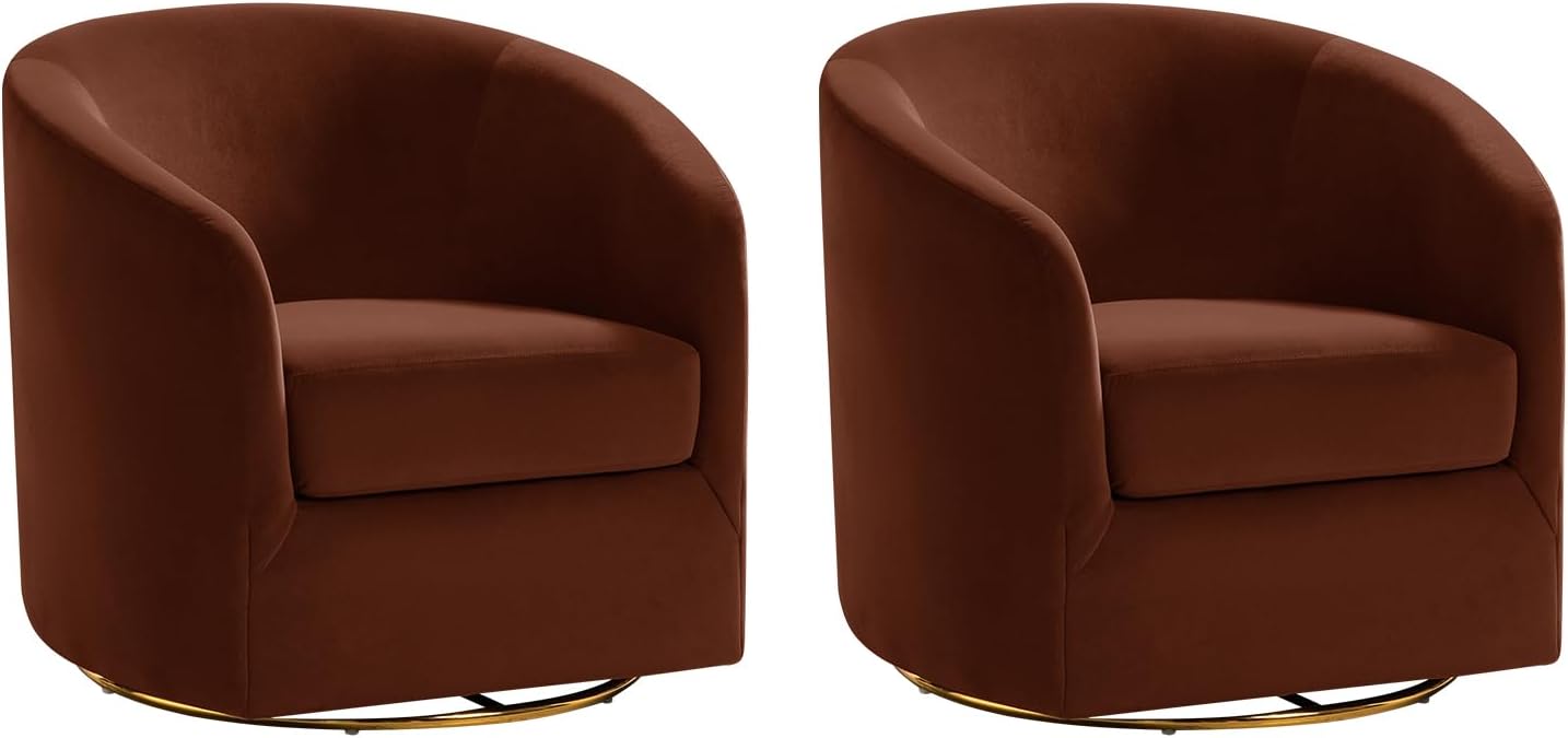 HULALA HOME Swivel Accent Chair with Gold Metal Base, Set of 2 Contemporary Velvet Curved Swivel Barrel Chair, Upholstered Club Armchair, Leisure Single Sofa for Living Room, Bedroom(Burn-Brick)