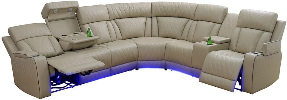 Reclining Sectional, Power Sectional Couch, Leather Sofa Set for Living Room, Comfy Home Theater Seating with USB 2.0 Charging Ports, LED Light Strips, Fold-Down Table & Cupholders (Beige)