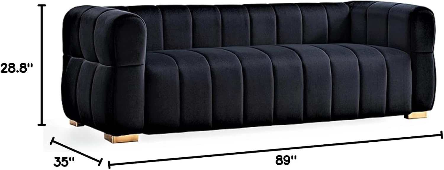 Container Furniture Direct Art Deco Velvet Sofa with Tufted Low Back Design, Sophisticated 3 Seater Couch for Living Rooms, 89 Inch Wide, Easy Assembly, Black