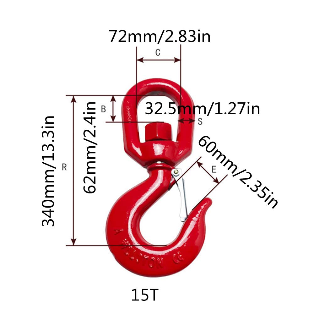 15 Ton Swivel Hook Heavy Duty Swivel Lifting Hook Rigging Swivel Hoist Hook with Latch for Crane Forklift (15T)