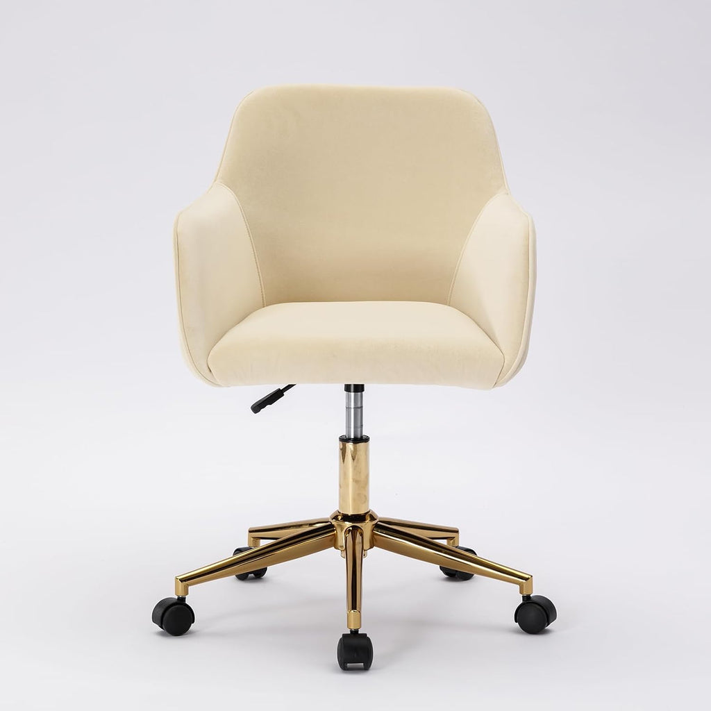 Modern Velvet, Height Adjustable, 360° Swivel Office Chair, Upholstered Cosmetic Dresser Armchair with Metal Feet and Backrest, Bedroom Furniture Beige