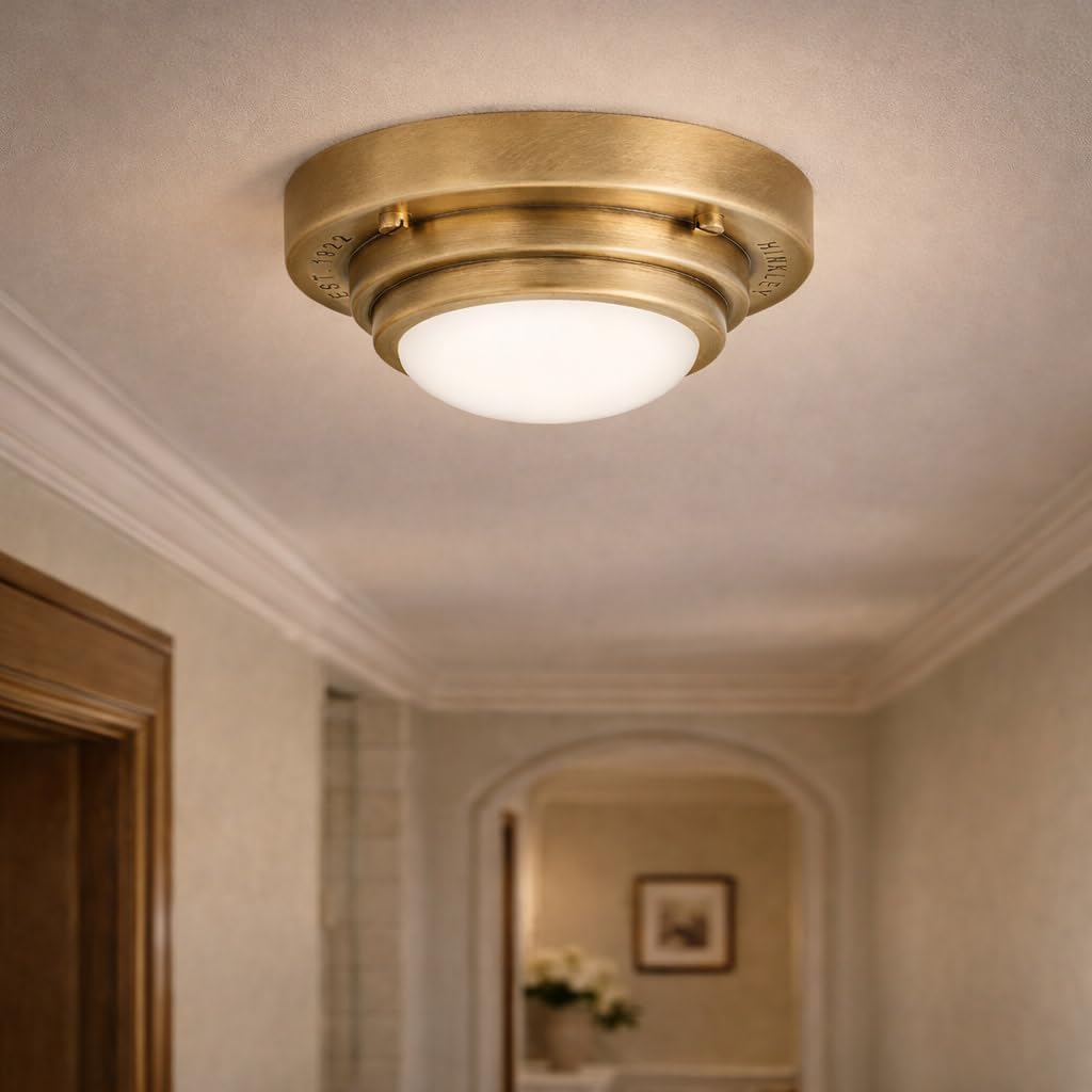 Hinkley Porte Extra Small Flush Mount Ceiling Light or Wall Sconce, Etched Opal Glass Shade, Dual-Mount Design, Integrated LED, ADA Compliant, Heritage Brass Finish