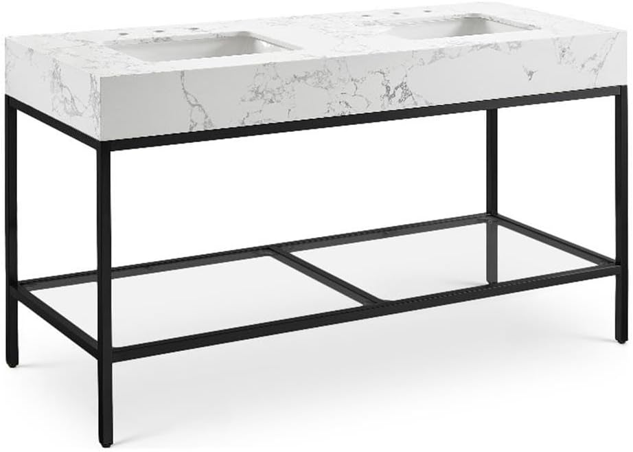 Meridian Furniture 407White-60 Marmo Collection Modern | Contemporary Bathroom Vanity with White Engineered Stone with Grey Veining, Matte Black Metal Base, 60' W x 23' D x 34' H, White