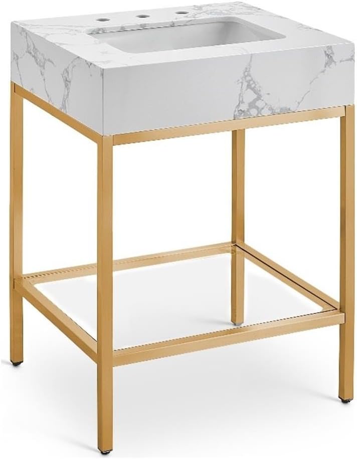 Meridian Furniture 406White-24 Marmo Collection Modern | Contemporary Bathroom Vanity with White Engineered Stone with Grey Veining, Brushed Brass Stainless Steel Base, 24' W x 21' D x 34' H, White