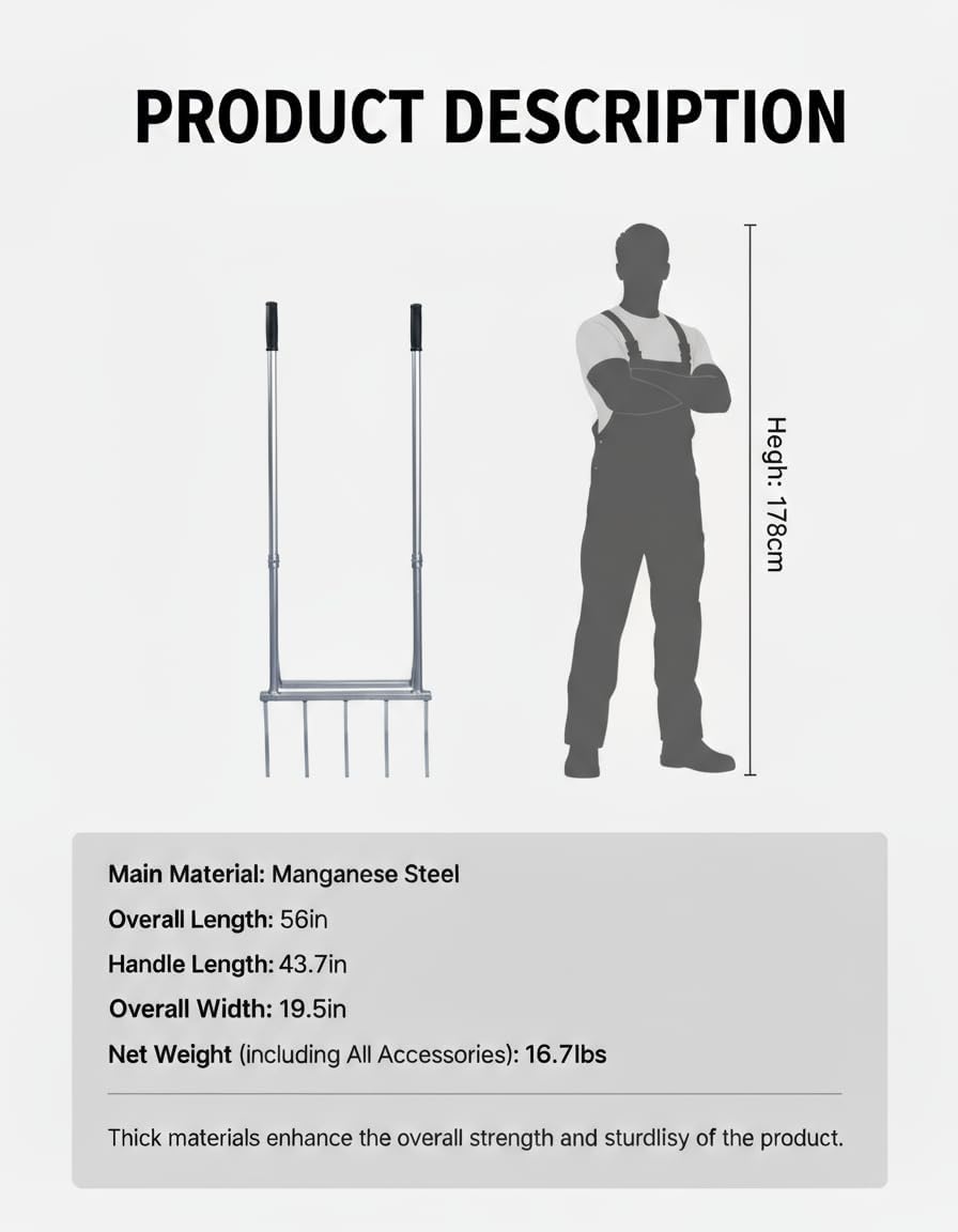56 Inch 5-Tine Heavy Duty Broadfork, Rust-Resistant Professional Garden Fork with Widened Foot Pedal, High-Strength All-Steel Soil Tiller for Aerating Clay Soil for Farming