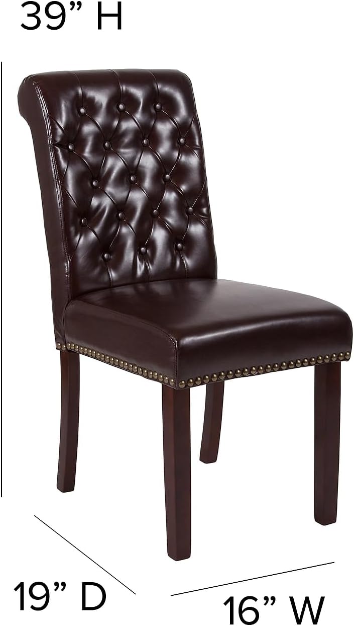 Flash Furniture Set of 2 HERCULES Series Brown LeatherSoft Parsons Chair with Rolled Back, Accent Nail Trim and Walnut Finish