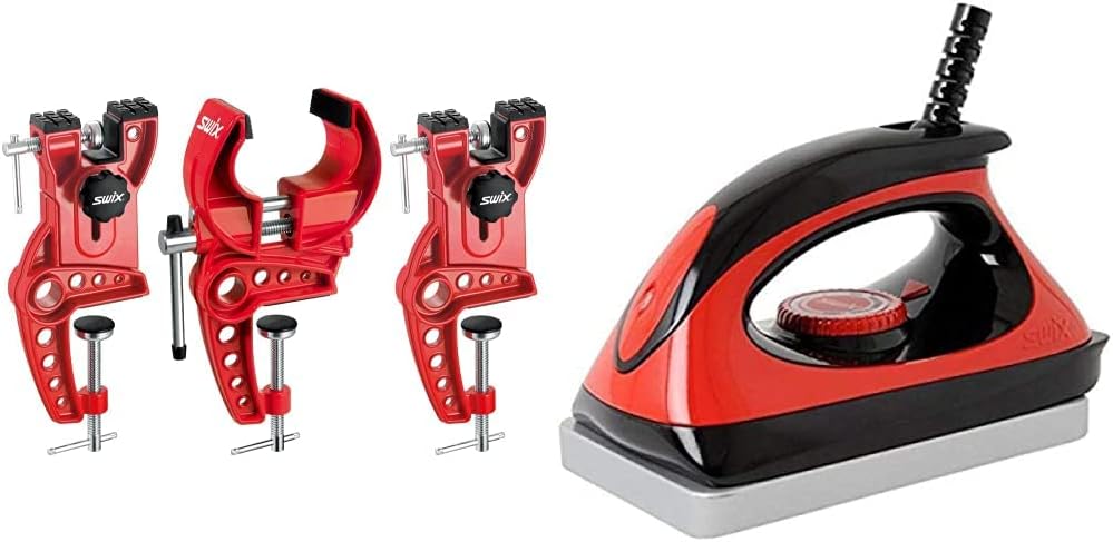 Swix World Cup Ski Vise (3 Piece Design), 1'x8 x7 & Universal Ski & Snowboard Waxing Iron with 110V Adjustable Temp, Red, Large