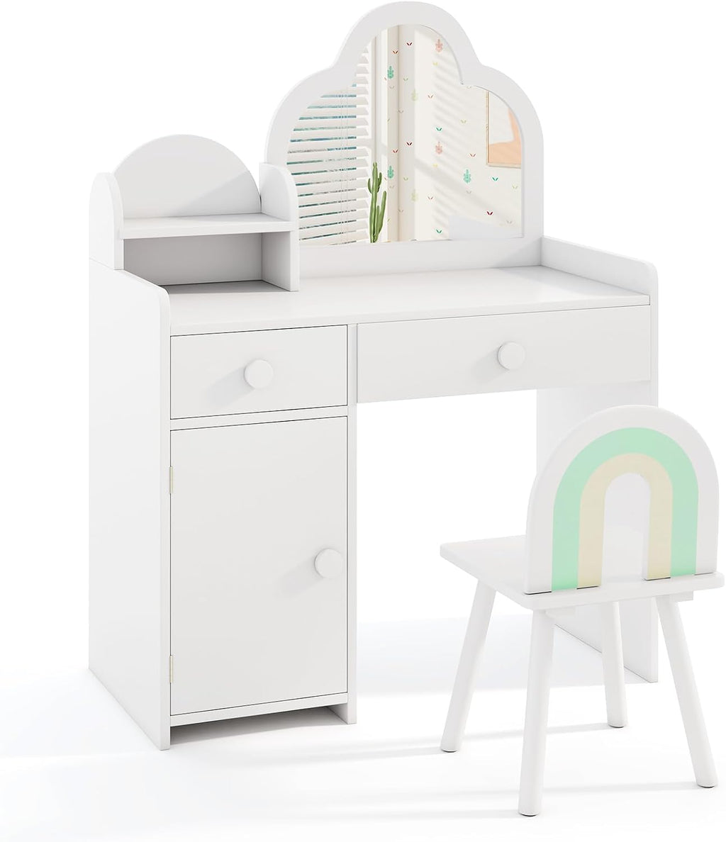 HONEY JOY Kids Vanity, Cloud Shape Wooden Girls Vanity Set with Mirror and Stool, Drawers, Storage Cabinet, Toddler Makeup Desk Dressing Table, Pretend Play Kids Vanity Table and Chair Set (White)