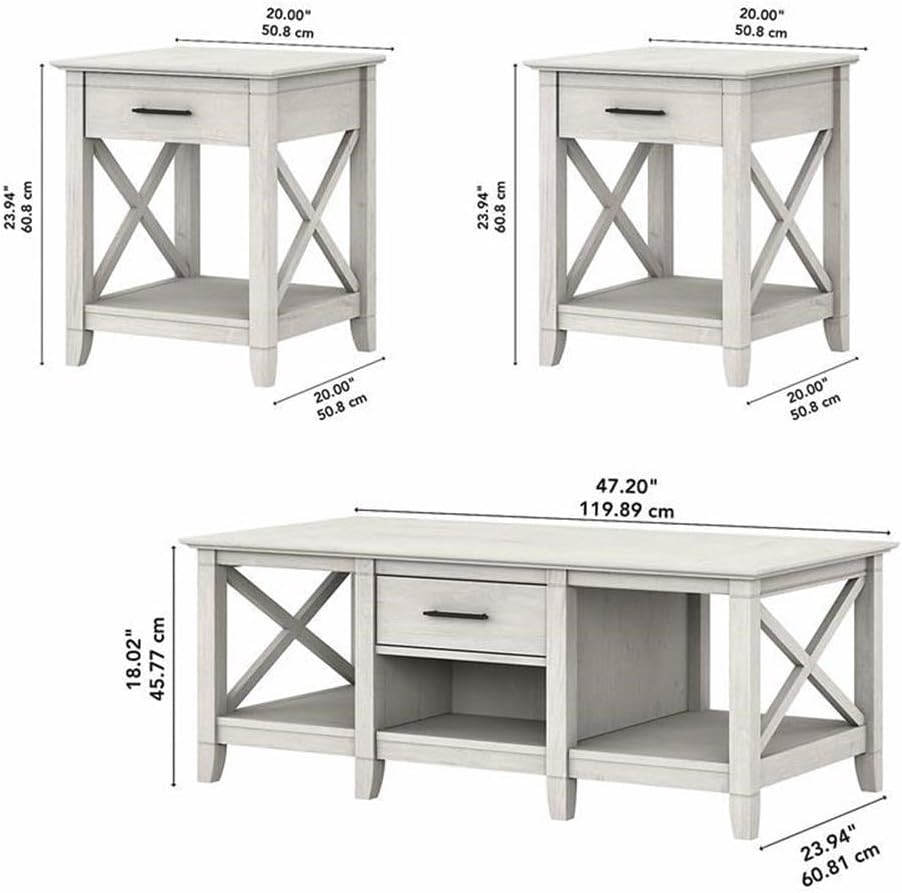 Bush Home Key West Coffee Table with Set of 2 End Tables in Linen White Oak