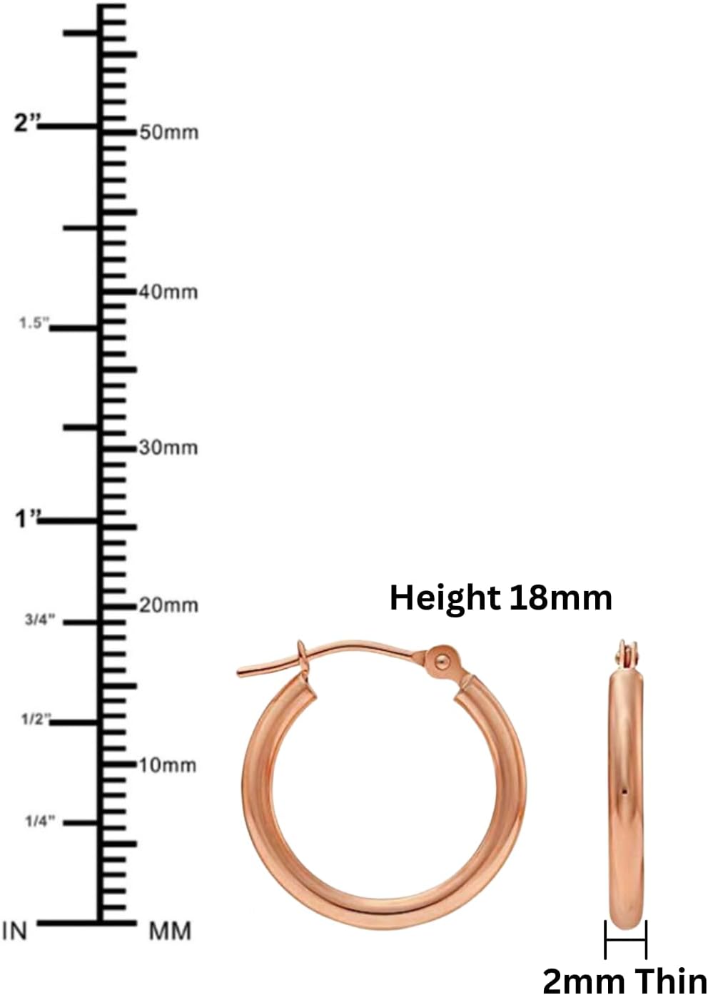 14K Rose Gold Classic Shiny Polished Round Hoop Earrings, 2mm tube