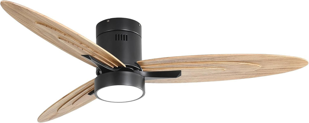 56 Inch Modern Design Flush Mount Ceiling Fan with Light and Remote Control, 3 Solid Wood Blades Reversible DC Motor Black for Living Room