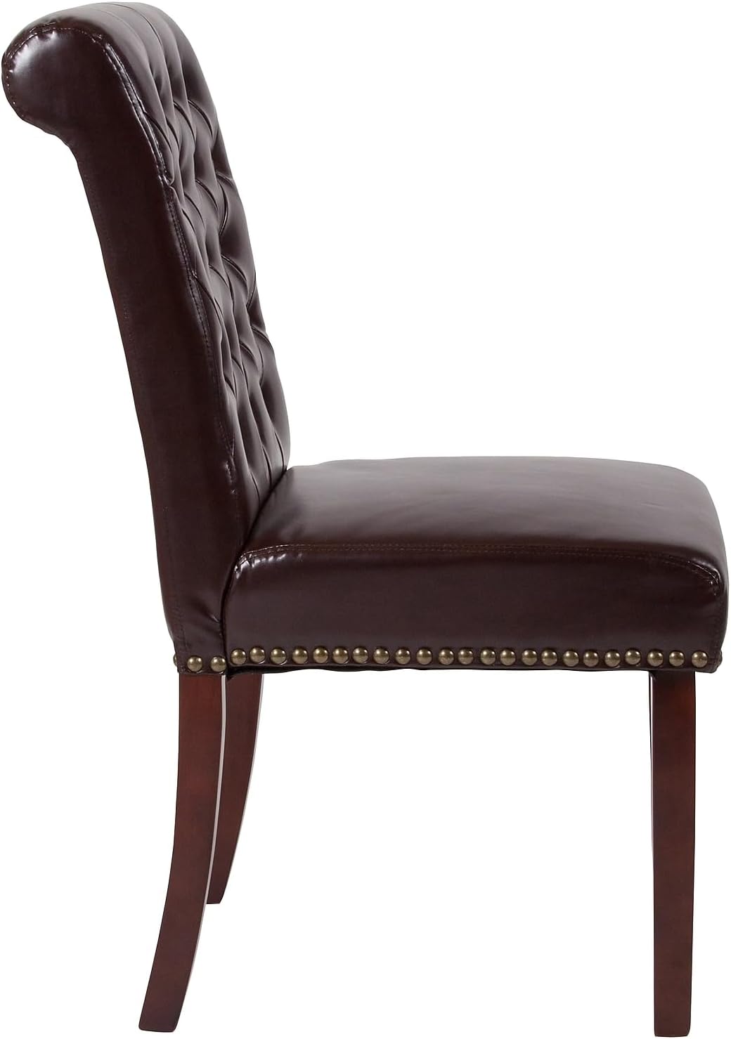 Flash Furniture HERCULES Series Brown LeatherSoft Parsons Chair with Rolled Back, Accent Nail Trim and Walnut Finish