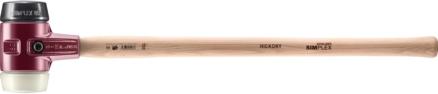 Halder Simplex SledgeHammer 3028.081 – Medium-Hard Rubber Insert, Nylon Insert, Cast Iron Housing with Handle Protection Sleeve, Varnished Wooden Handle, 80mm, 7.6 lbs.