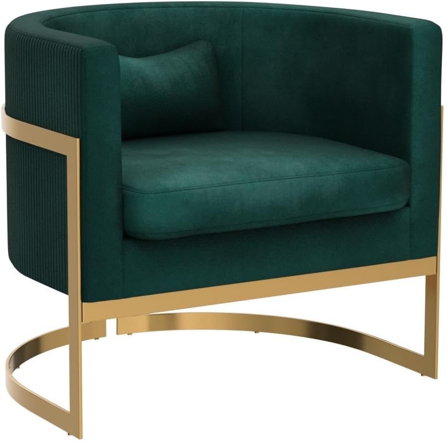 Velvet Accent Chair Green Modern Upholstered Barrel Chair, Wide Arm Chairs for Living Room Bedroom Club Side Chairs with Gold Legs
