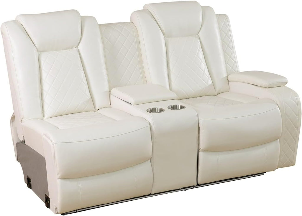 Reclining Sectional, Power Sectional Couch, Leather Sofa Set for Living Room, Comfy Home Theater Seating with USB 2.0 Charging Ports, LED Light Strips, Fold-Down Table & Cupholders (White, 3-Piece)