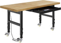 60' Heavy Duty Work Bench with Wheels, Adjustable Height Workbench with Drawers, 2000 LBS Capacity Work Table with Power Outlets for Garage, Workshop, Office, Home