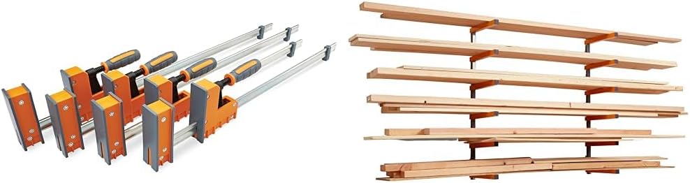Bora 4-Piece Parallel Clamp Set 571550I & Wood Organizer and Lumber Storage Metal Rack with 6-Level Wall Mount – Indoor and Outdoor Use, In Orange | PBR-001