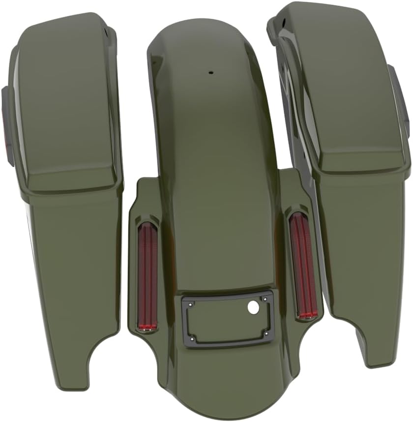 Advanblack Color Matched Stretched Bags, Lids Black Latch Hardware for '23-'24 Harley Touring CVO & 2024 Street Glide, Road Glide (Olive Steel Metallic & Vivid Black)