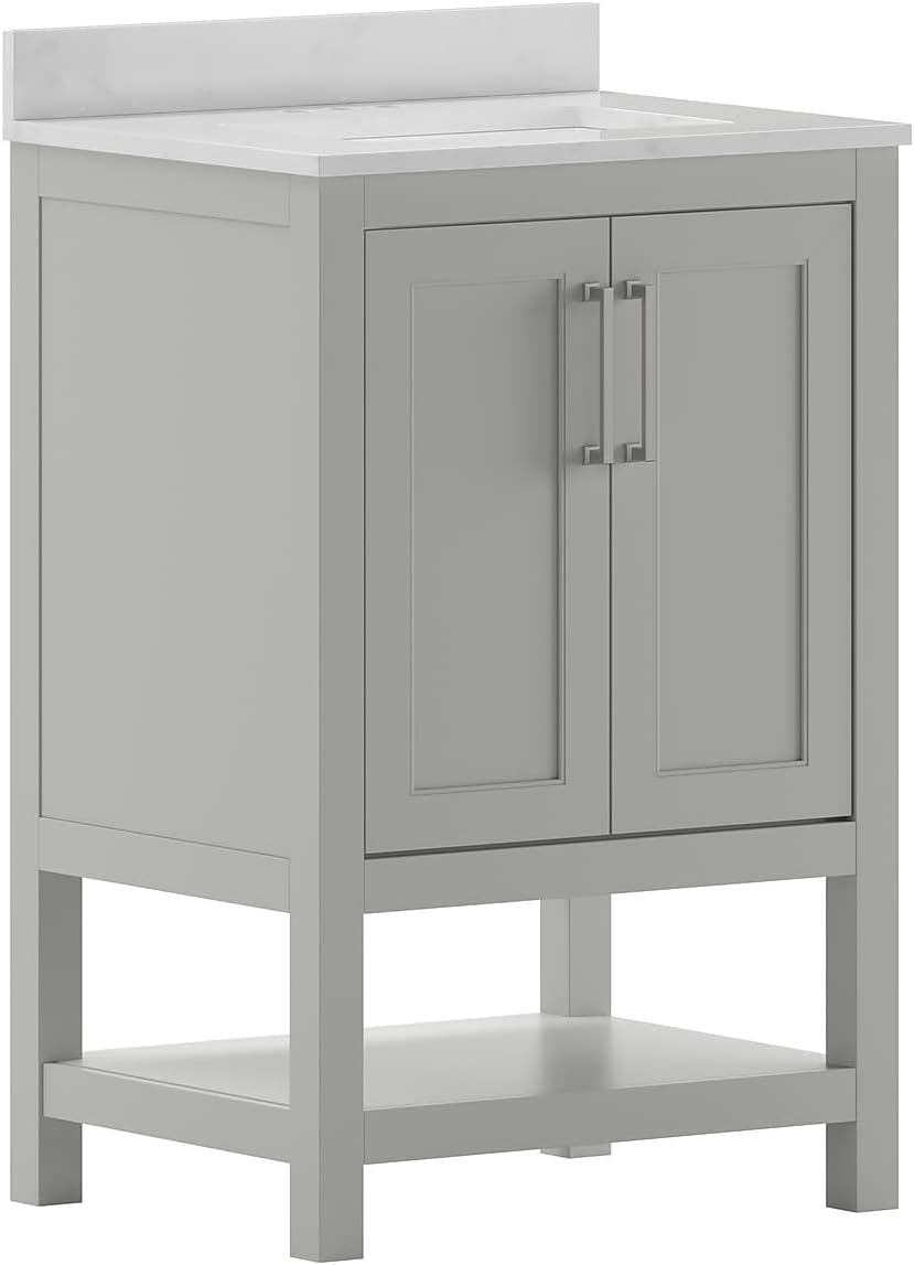 Flash Furniture Vega 24 Inch Bathroom Vanity with Sink Combo, Storage Cabinet with Soft Close Doors and Open Shelf, Carrara Marble Finish Countertop, Gray/White