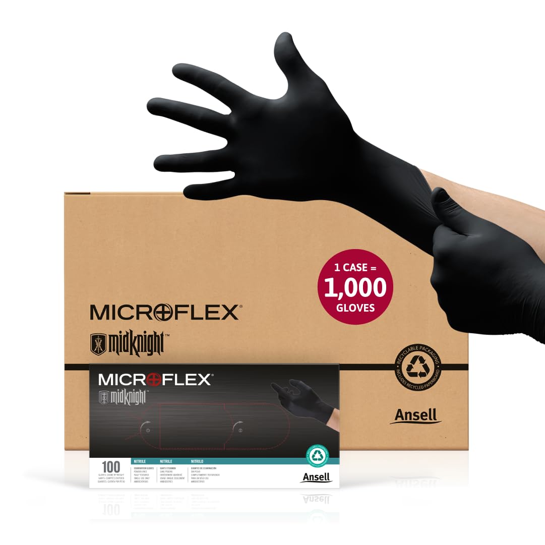 Ansell MICROFLEX MidKnight MK-296 Disposable Nitrile Gloves for Automotive w/Full Texture - X-Small, Black (Case of 1000)