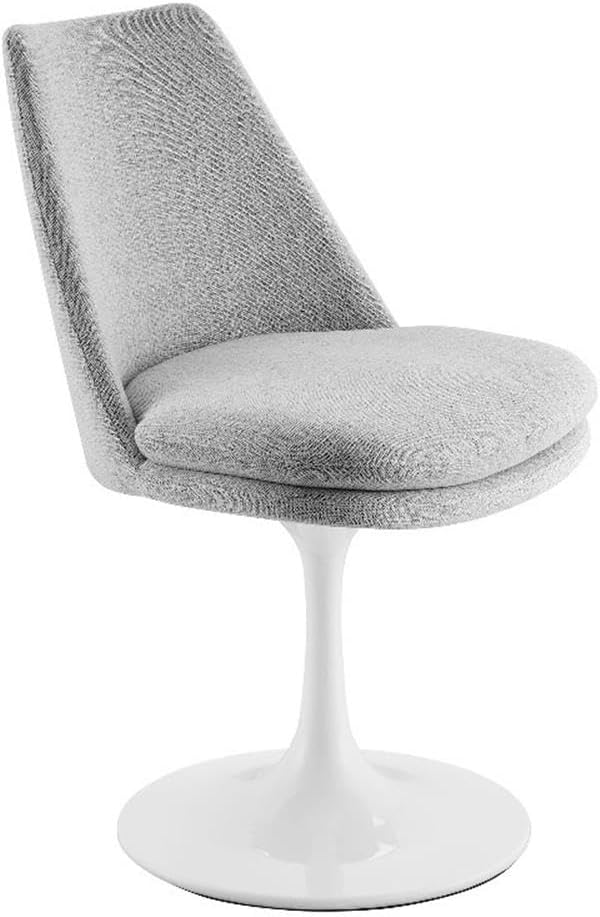 Modway Lippa Upholstered Swivel Dining Side Chair in White Light Gray - Armless Woven Heathered Fabric Accent Chair with Pedestal Base - 360° Office Desk Rotating Chair with No Wheels