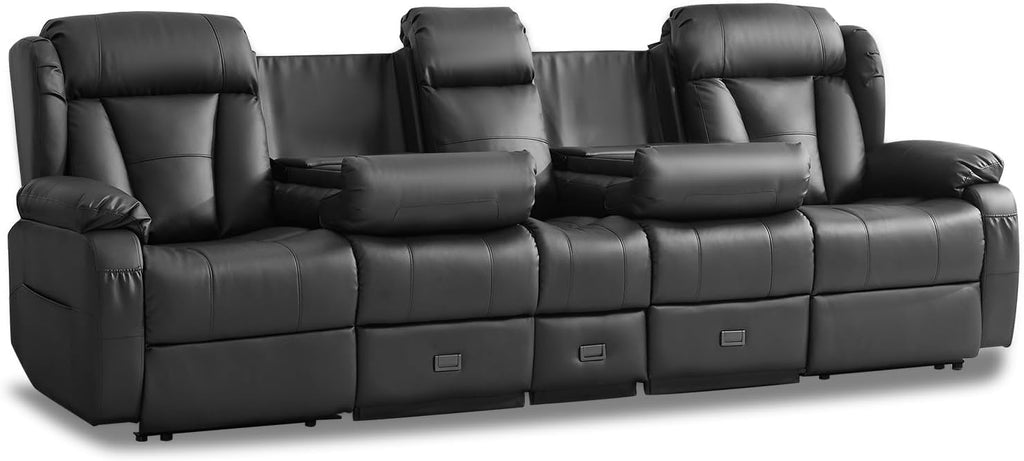 Loveseat Recliner Sofa,4 Seater Recliner Couch, Manual Reclining Loveseat with Console for Living Room, Home Theater Seating with AC/USB C/USB Ports Drawer Cup Holder (Black, 4 Seater + Console)