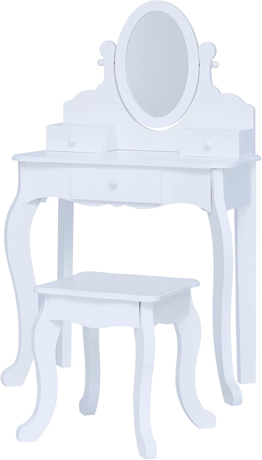 Teamson Kids Princess Rapunzel Wooden 2-pc. Play Vanity Set with Three Storage Drawers, Rotating Oval Mirror and Matching Stool to Play Dress-up, Princess or Beauty Shop, White
