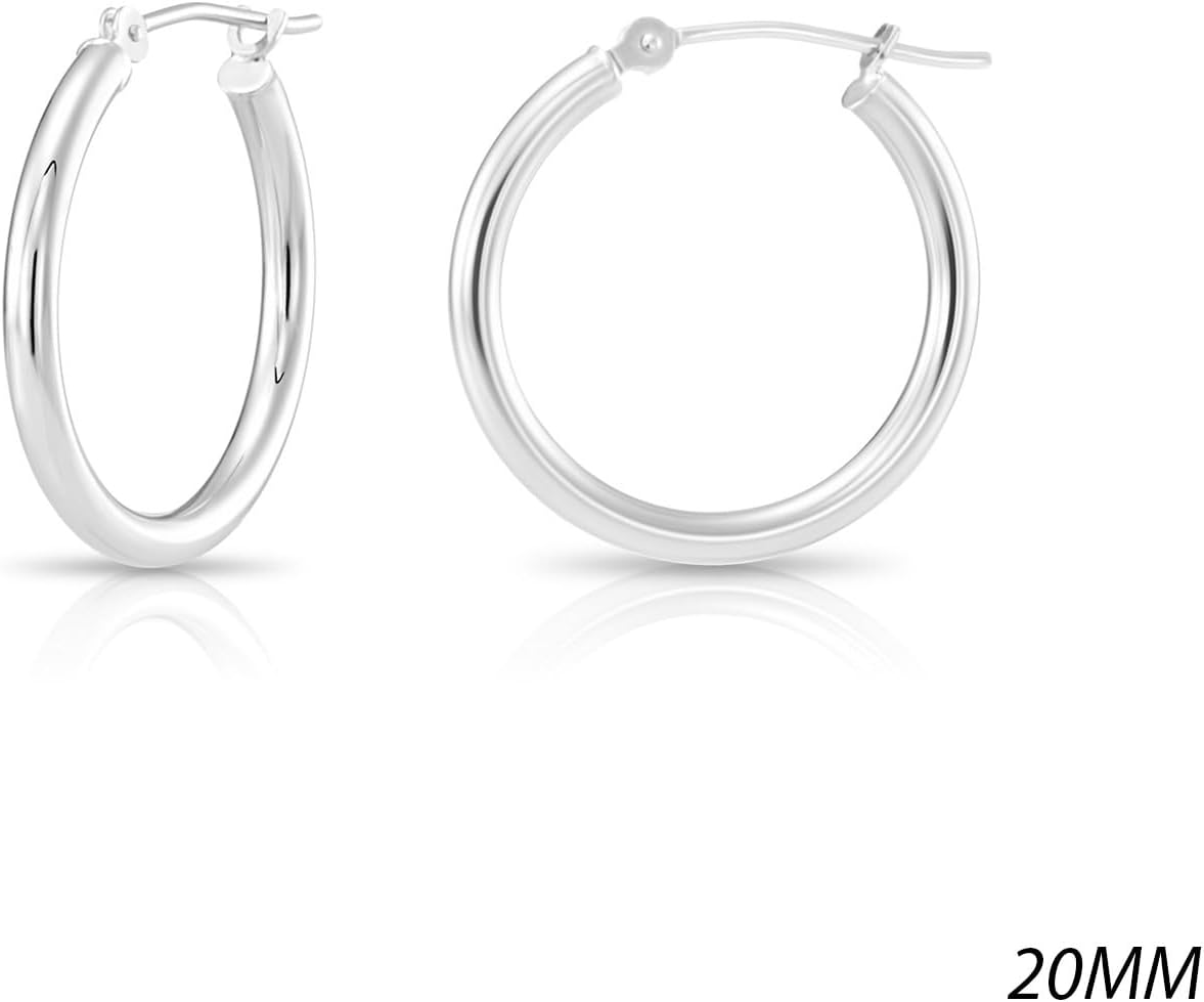 Classic 10K White Gold Hoop Earrings - Shiny Polished Plain Round Gold Hoops for Women and Men