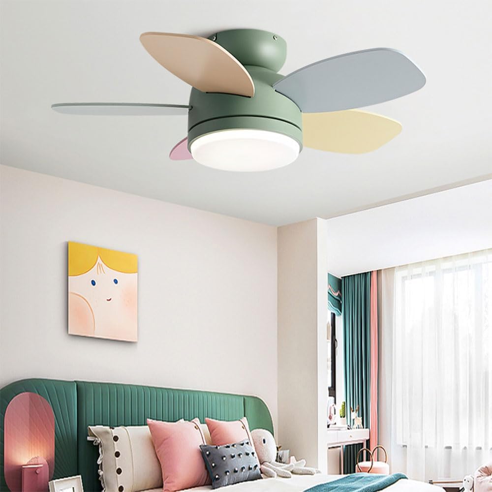Flush Mount 32in Ceiling Fan with Light 6 Speed Quiet Colorful Ceiling Fans Remote LED Ceiling Lights Fan Lighting Timing Reversible Fan Light for Bedroom Kids Room Lounge
