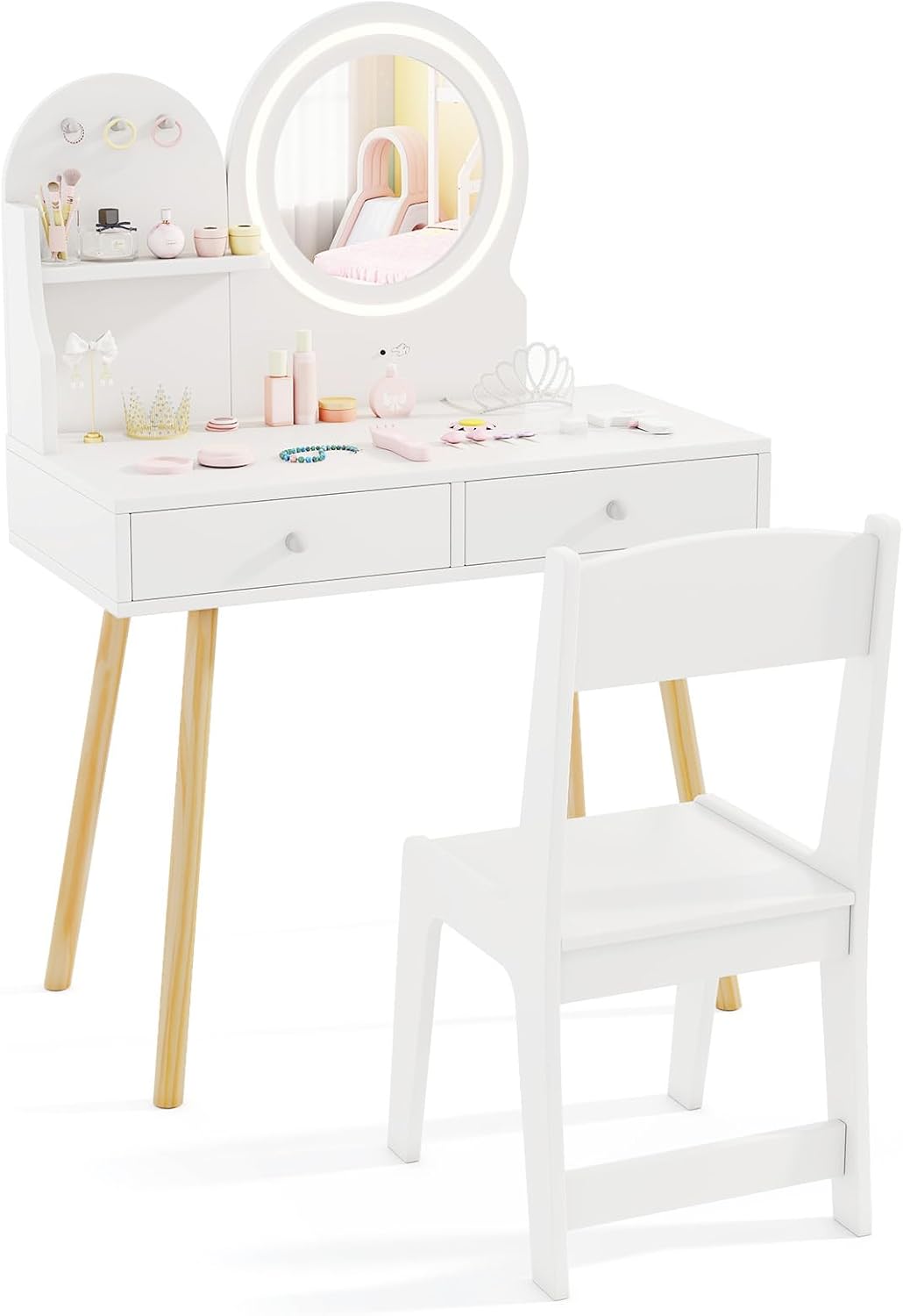 HONEY JOY Kids Vanity, Little Girls Vanity Set with Mirror and Stool and Lights, Drawers, Toddler Makeup Vanity Dressing Table, Wooden Pretend Play Kids Vanity Table and Chair Set (White)