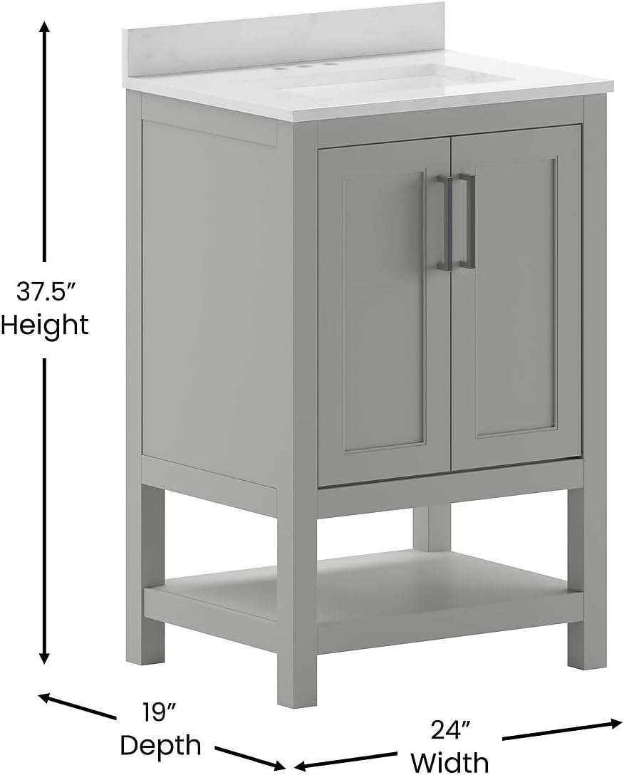 Flash Furniture Vega 24 Inch Bathroom Vanity with Sink Combo, Storage Cabinet with Soft Close Doors and Open Shelf, Carrara Marble Finish Countertop, Gray/White