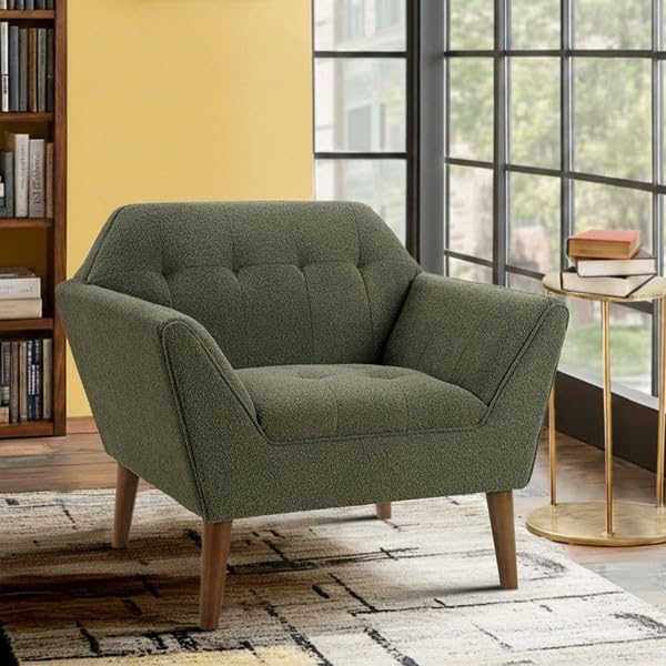 Ink+Ivy Newport Wide Mid-Century Modern Lounge Chair Hand-Tufted Velvet Upholstered Accent Armchair with Solid Wood Pecan Legs for Living Room Bedroom Reading