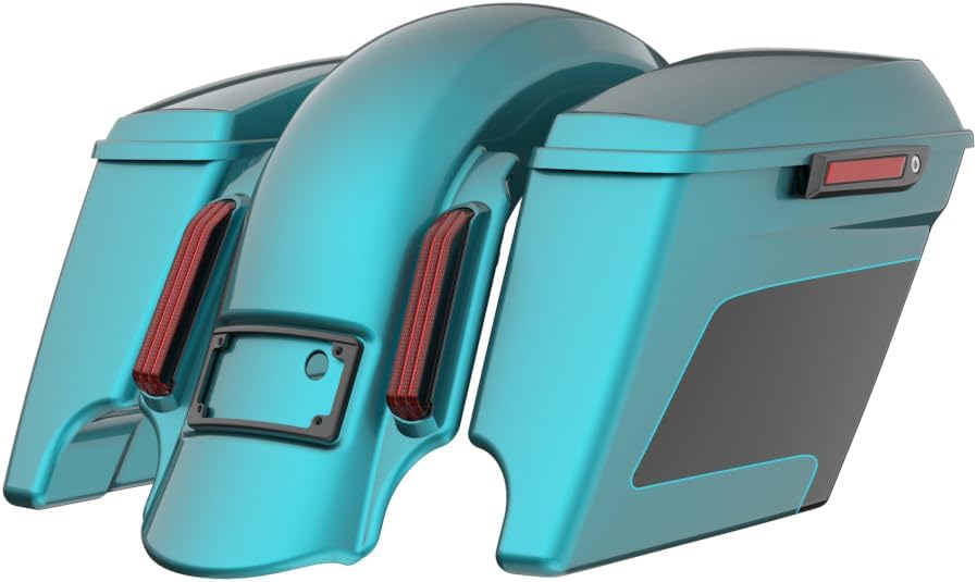 Advanblack Color Matched Stretched Bags, Lids Black Latch Hardware for '23-'24 Harley Touring CVO & 2024 Street Glide, Road Glide (Teal Thunder & Vivid Black)