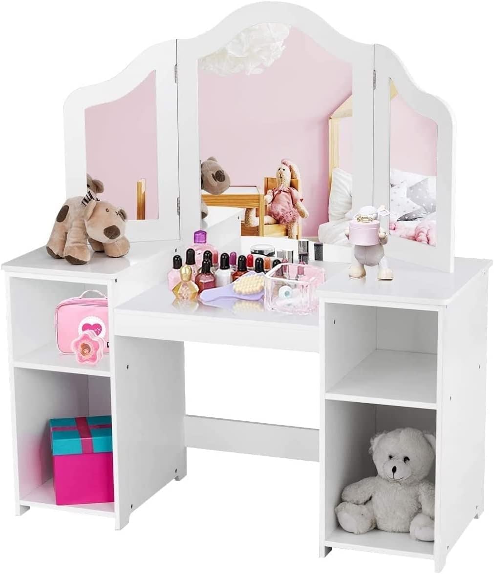 INFANS Kids Vanity, 2 in 1 Princess Makeup Desk Set with Tri-Folding Detachable Mirror, Large Storage Shelves, Wooden Dressing Table,Pretend Play Vanity Set for Girls