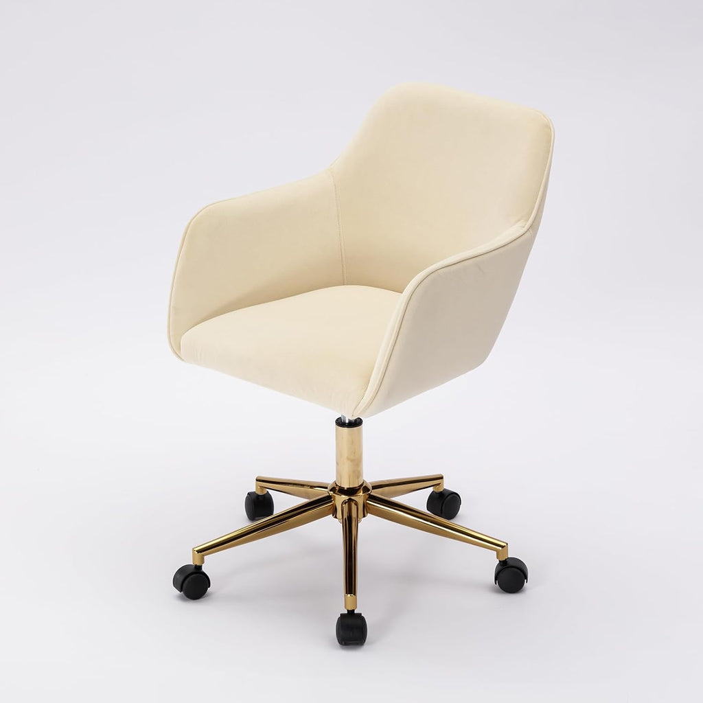 Modern Velvet, Height Adjustable, 360° Swivel Office Chair, Upholstered Cosmetic Dresser Armchair with Metal Feet and Backrest, Bedroom Furniture Beige