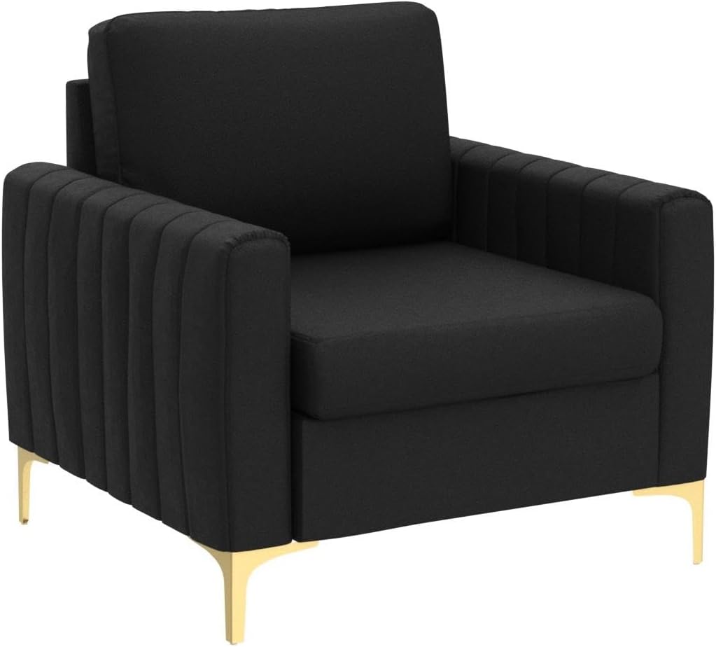 HULALA HOME Velvet Accent Club Chair, Modern Velvet Armchair Upholstered Accent Club Chair with Gold Metal Legs Mid-Century Barrel Leisure Comfy Reading Armchair, Black