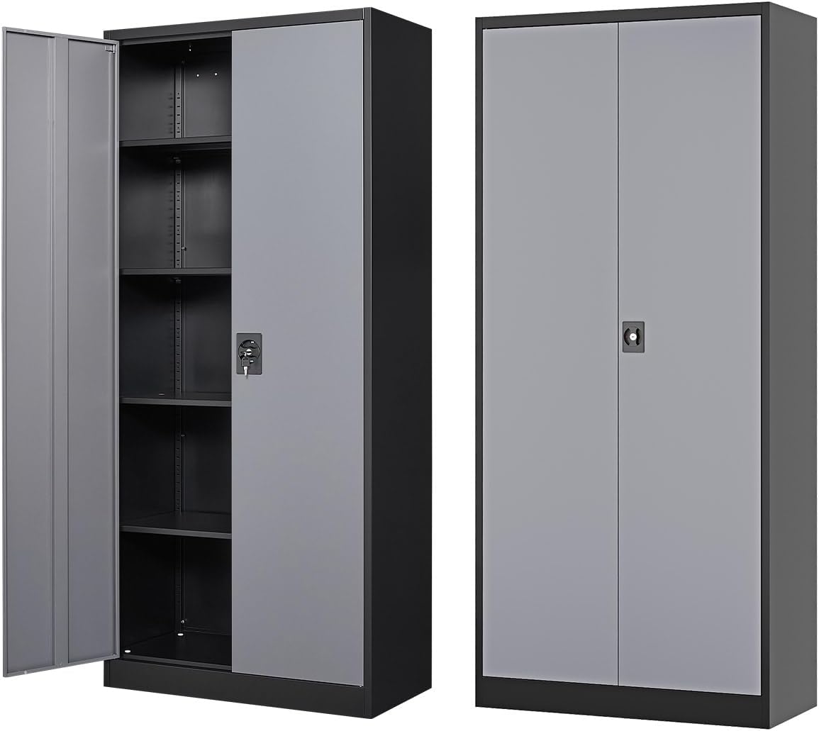 Fesbos 71' Tall Metal Storage Cabinet- Steel File Cabinets with Lockable Doors and Adjustable Shelves-Black&Gray Steel Storage Cabinet for Home,Kitchen, School, Office, Garage