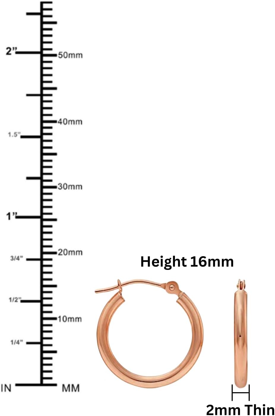 14K Rose Gold Classic Shiny Polished Round Hoop Earrings, 2mm tube