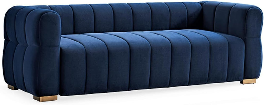 Container Furniture Direct Art Deco Velvet Sofa with Tufted Low Back Design, Sophisticated 3 Seater Couch for Living Rooms, 89 Inch Wide, Easy Assembly, Blue