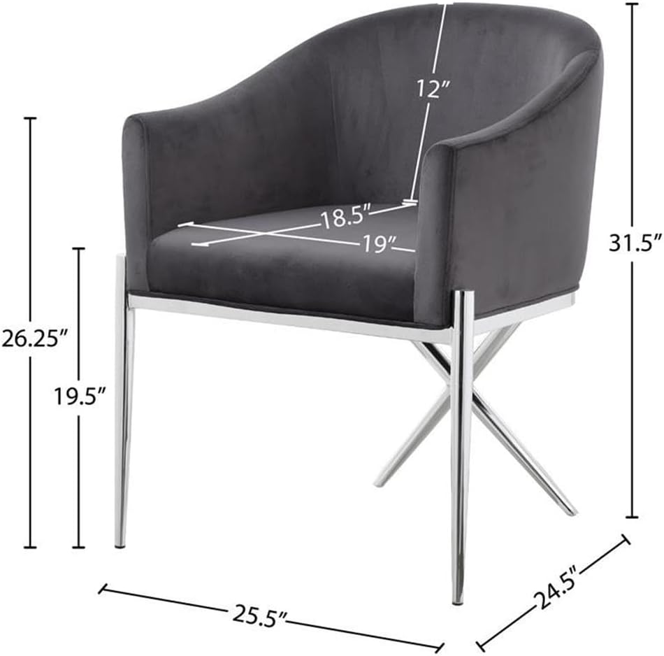 Meridian Furniture Xavier Collection Modern | Contemporary Velvet Upholstered Dining Chair with Sturdy Steel X Shaped Legs, 25.5' W x 24.5' D x 31.5' H, Grey