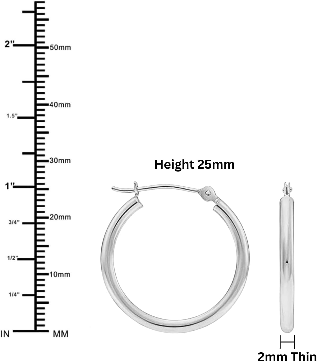 Classic 10K White Gold Hoop Earrings - Shiny Polished Plain Round Gold Hoops for Women and Men