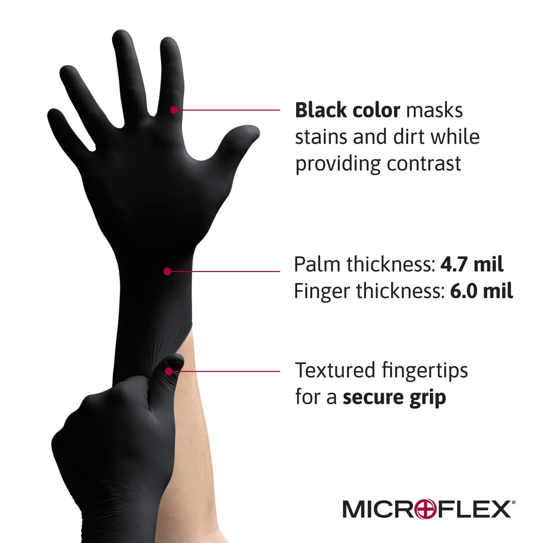Ansell MICROFLEX MidKnight MK-296 Disposable Nitrile Gloves for Automotive w/Full Texture - X-Small, Black (Case of 1000)