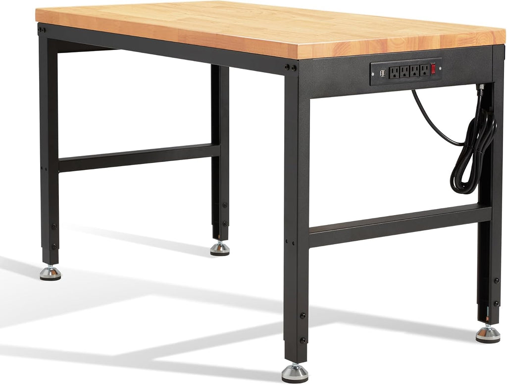 HABUTWAY Height Adjustable Workbench 48'x 24' 2000 Lbs Capacity Solid Wood Work Station Heavy-Duty Work Tables with Power Outlets for Garage Party Shop Office