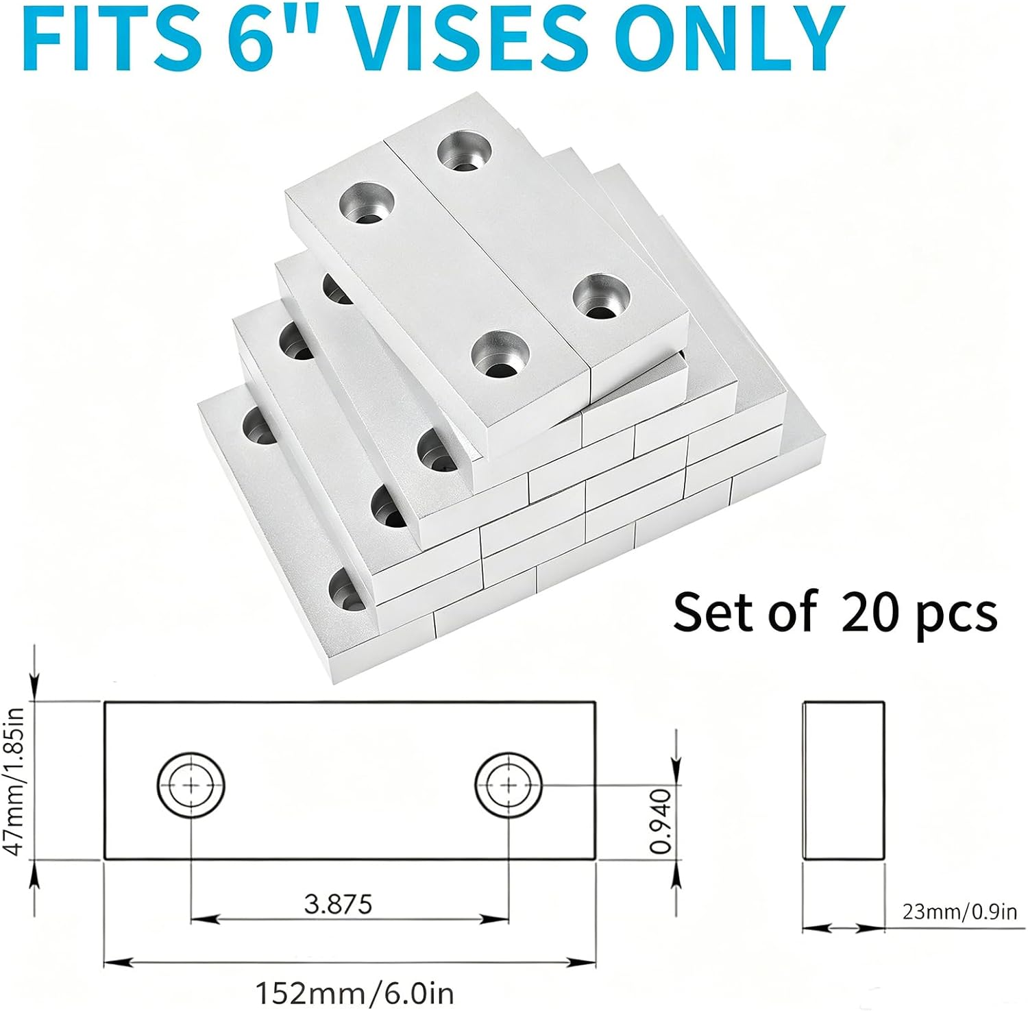 10 Sets(20Pcs) Aluminum Soft Jaws Set, 6 inch Vise Jaws 6' x 2' X 1',10Set Vise Soft Jaws Fit to 6' Kurt Vise Jaws,Silver