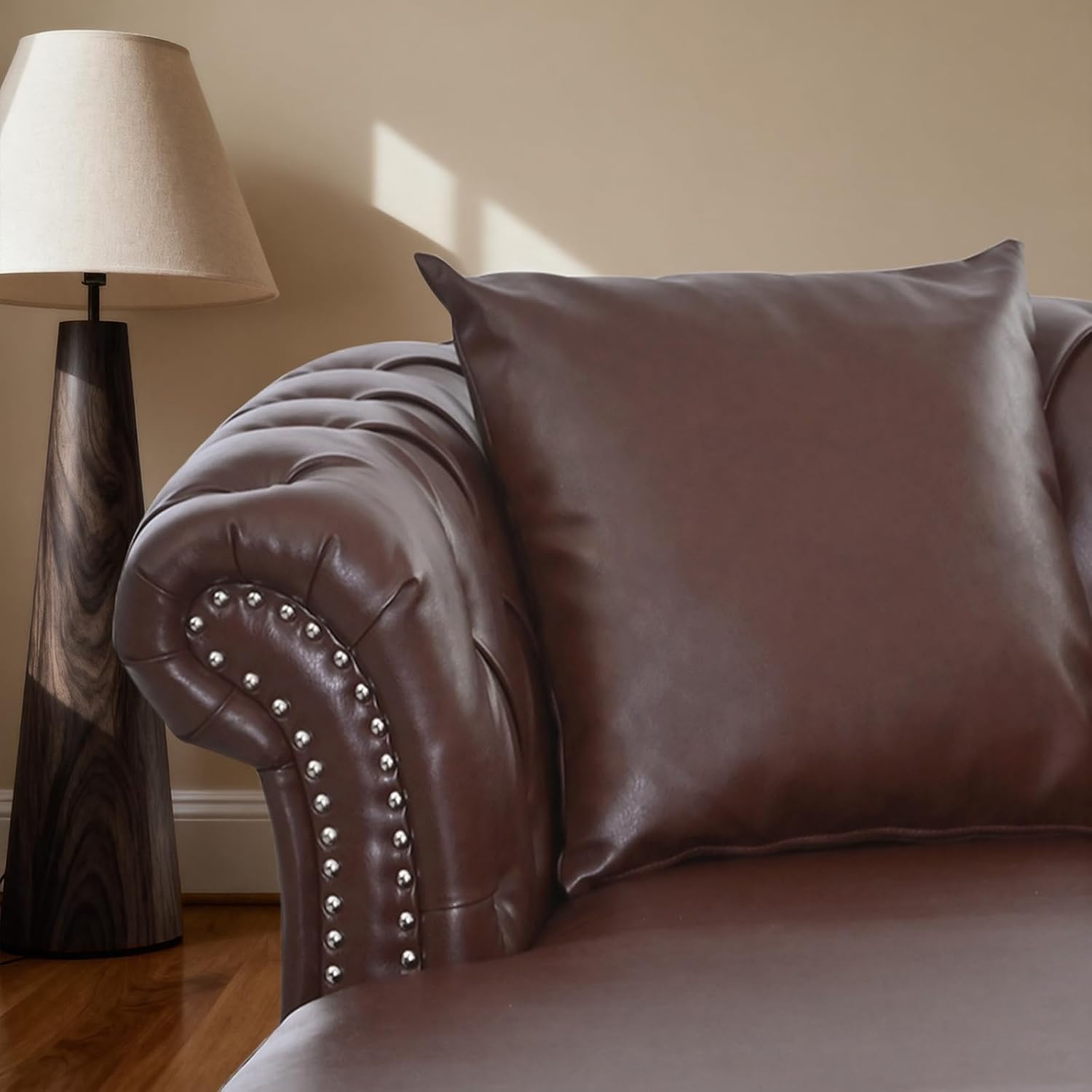 63' Oversized Chaise Lounge Comfy Reading Chair, Faux Leather Chesterfield Loveseat Sofa with Tufting Back & Rolled Arm with 2 Pillows, Comfy Couch for Indoor Relaxation, Living Room, Dark Brown
