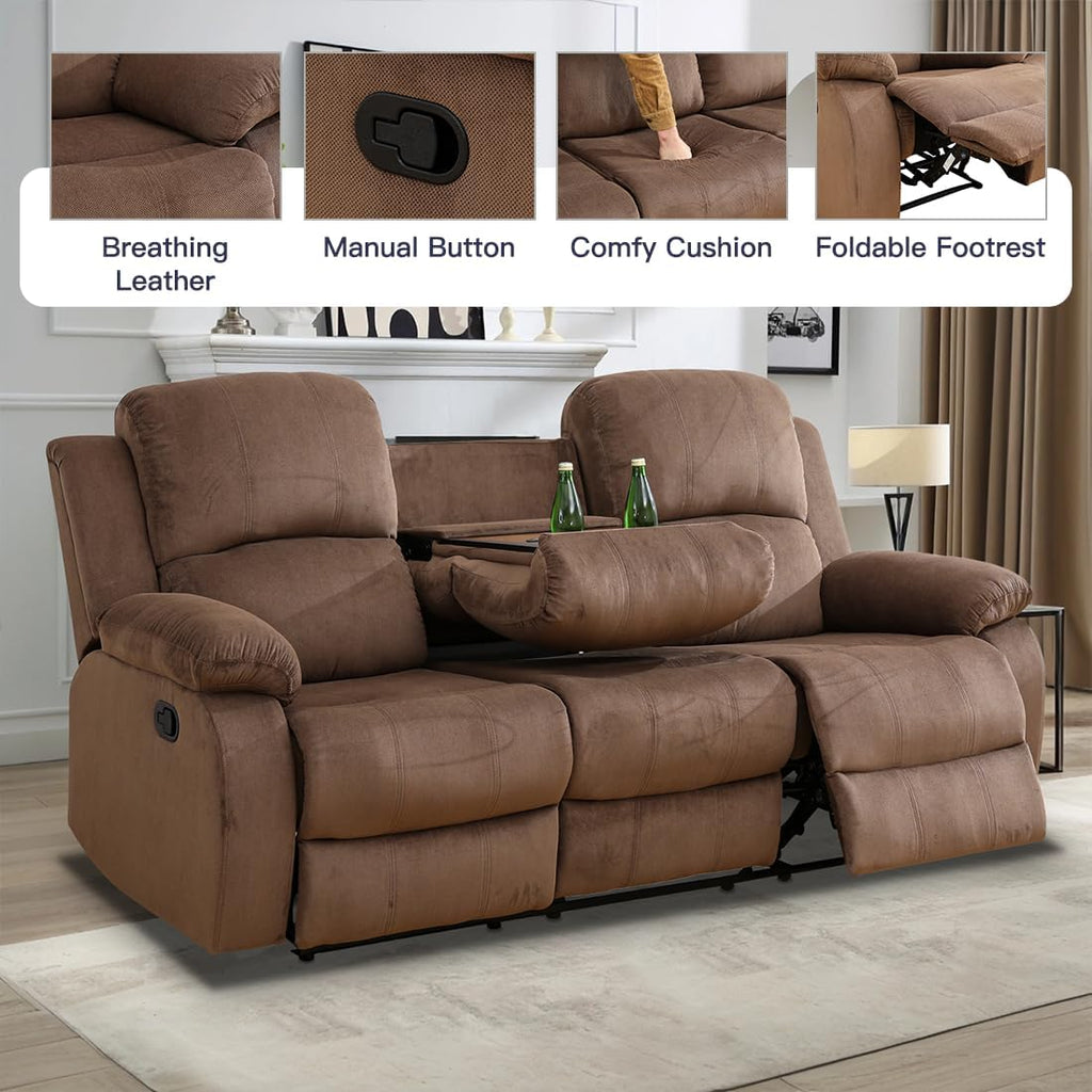 Living Room Furniture Set, Manual Reclining Sofa Set, Brown Corduroy Recliner Couch Sets with Drop-Down Table, Recliner Sofa with Storage Console/Cup Holder for Living Room/Apartment