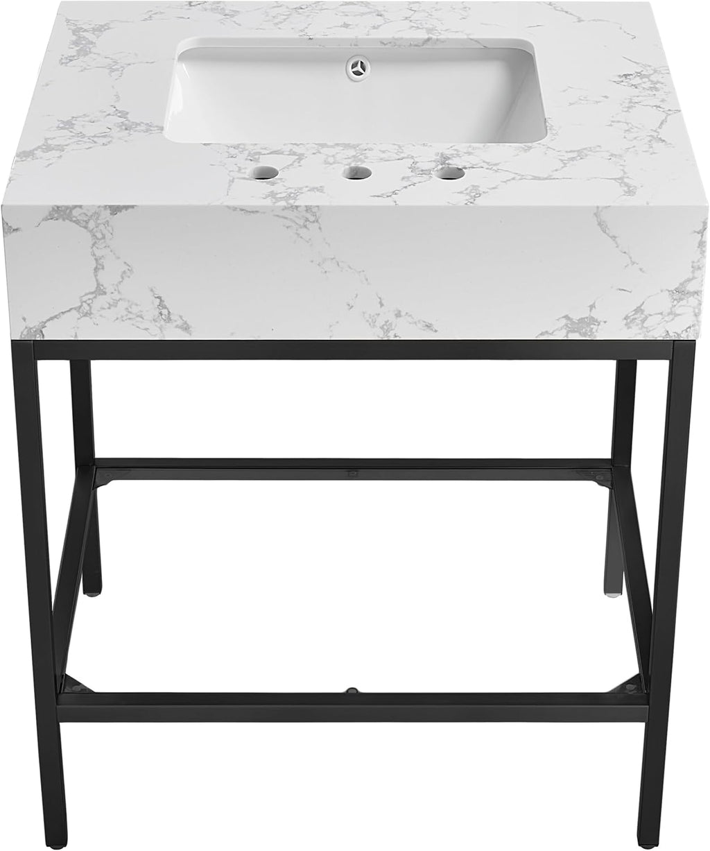 Meridian Furniture 407White-30 Marmo Collection Modern | Contemporary Bathroom Vanity with White Engineered Stone with Grey Veining, Matte Black Metal Base, 30' W x 23' D x 34' H, Black