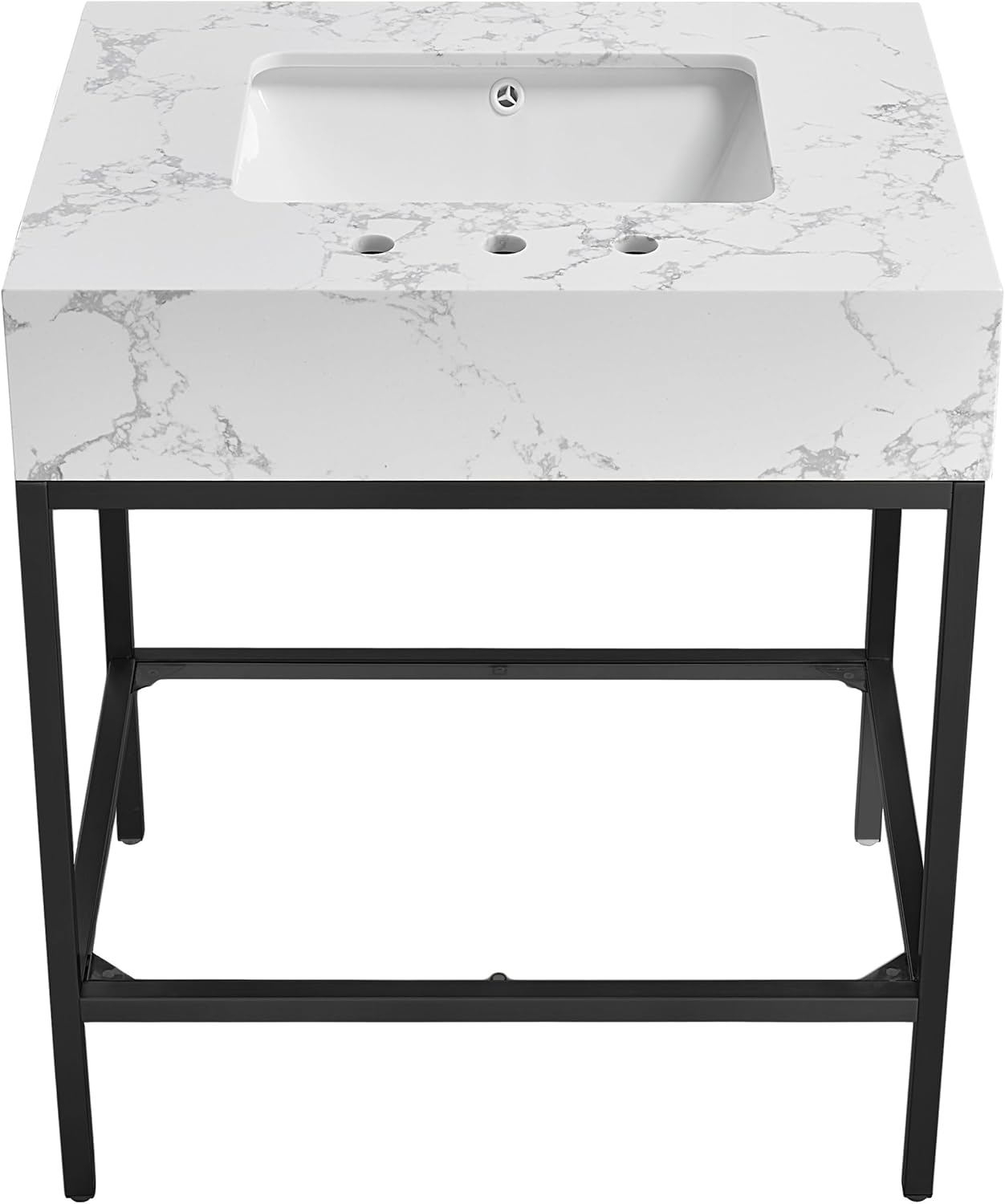 Meridian Furniture 407White-30 Marmo Collection Modern | Contemporary Bathroom Vanity with White Engineered Stone with Grey Veining, Matte Black Metal Base, 30' W x 23' D x 34' H, Black