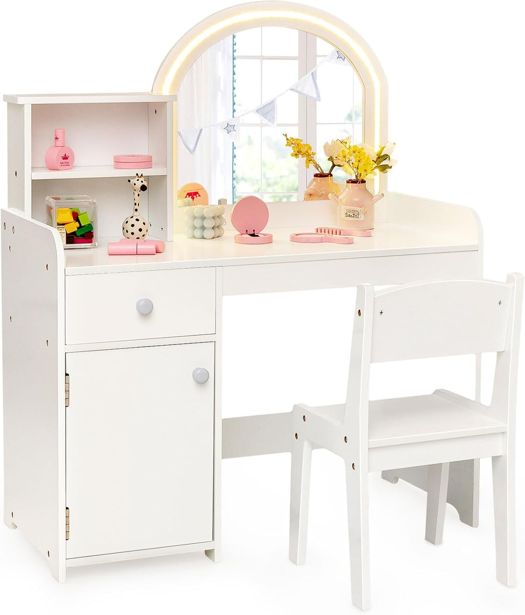 INFANS Kids Vanity, Princess Makeup Desk and Chair Set with Lights Mirror Drawer Storage Shelves, Wooden Dressing Table, Pretend Play Vanity Set for Girls